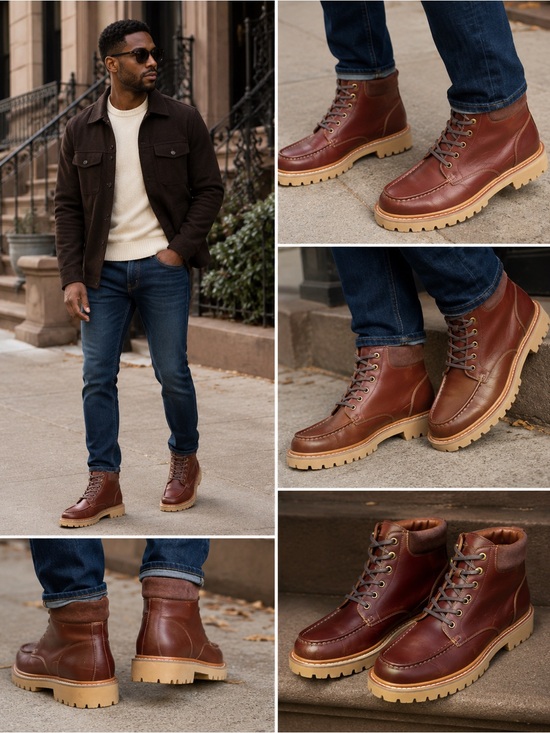 Aldo Other - Aldo Men's Brown Leather Moc Toe Boots with Tan Lug Sole